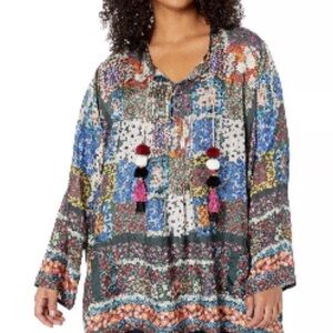 Johnny Was NWOT Daisy Floral Long Sleeve Top With Pompom Tassels Silk Size